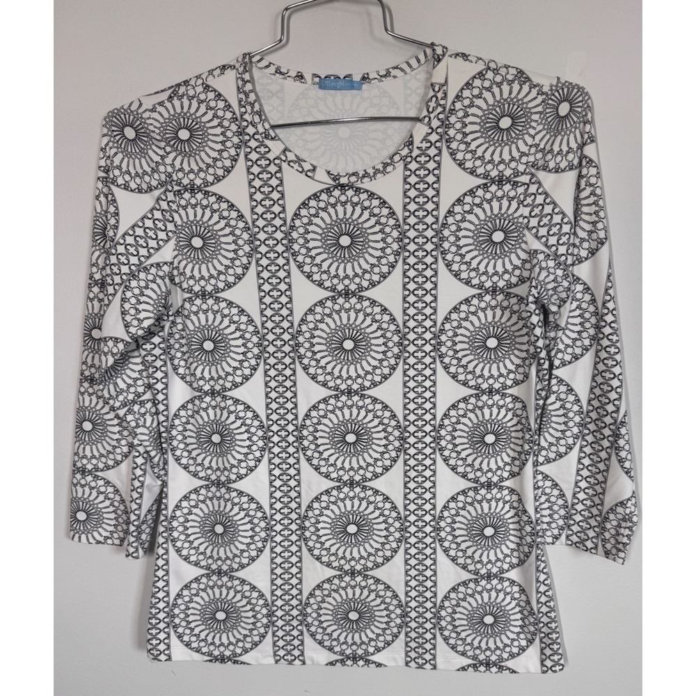 J.‎ McLaughlin Catalina Cloth 3/4 Sleeve Black And White Medallion Top Women's M